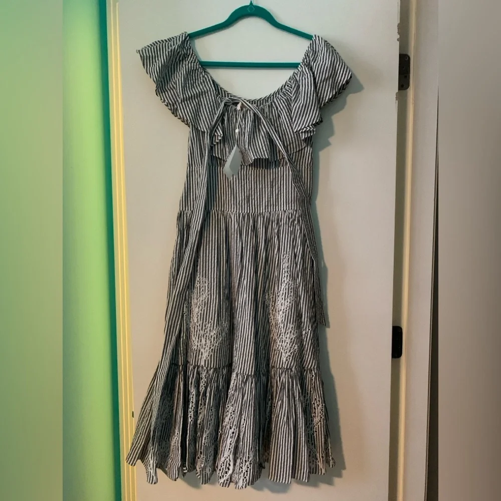 NWT Tory Burch Eyelet Embroidered Seersucker Midi On Off Shoulder Ruffle Dress 4 - Picture 5 of 11